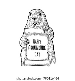 Marmot Holding Poster. Happy Groundhog Day Letterung. Engraving Vintage Vector Black Illustration. Isolated On White Background. Hand Drawn Design Element For Label And Poster