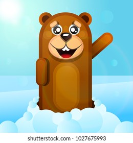 Marmot on snowy winter background. Card Groundhog Day.