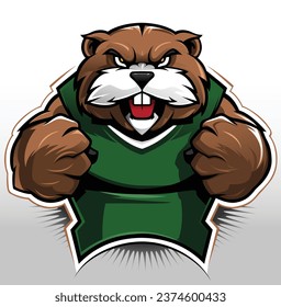 Marmot rodent team mascot or large fierce squirrel sports logo wearing a basketball jersey or wrestling singlet. Clipart in vector format with swatch colors that are easily swappable for other colors.