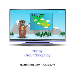 Marmot shows weather forecast on TV. Happy groundhog Day. Vector illustration