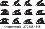 Marmot silhouettes in different poses and actions on rocks, showcasing their natural behavior and habitat.