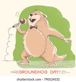  Marmot singer with microphone. Groundhog day hand drawn illustration
