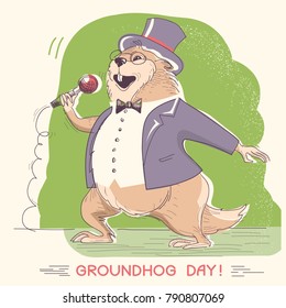  Marmot singer with microphone. Groundhog day hand drawn winter holiday illustration