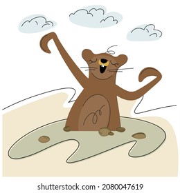 The marmot wakes up after hibernation. Happy groundhog day. A cute character comes out of the hole and yawns. Vector flat cartoon template for postcard, poster, banner, flyer. Isolated object.