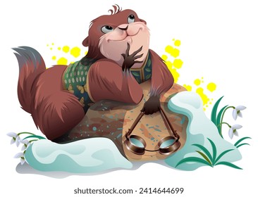 Marmot weather forecaster groundhog crawled out of his hole and dreams of spring. Vector cartoon illustration isolated on white