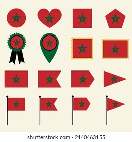 Marocco flag icon set in 16 shape versions. Collection of Marocco flag icons with square, circle, heart, triangle, medal, stamp and location shapes.