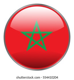 Marocco flag. Round glossy isolated vector icon with national flag of Marocco on white background. Round glow glass button.