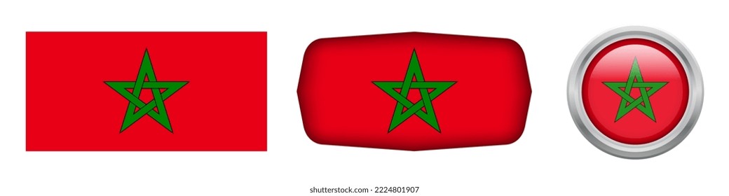 Marocco nationale Flagge in drei Versionen rechteckig, ellipse und runde Flagge auf weißem Hintergrund. VektorgrafikACtion