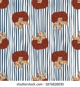 Maroon abstract persimmon fruit seamless pattern. Blue and white striped background. Perfect for fabric design, textile print, wrapping, cover. Vector illustration