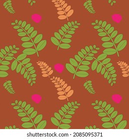 Maroon Background Green Leaves Pink Flower Pattern