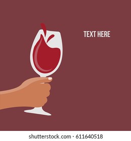 Maroon background with space & place for text here. one single hand clinking cheers on a vector wineglass & splashing. Hand of a man or male holding glass of red wine flat design style illustration 