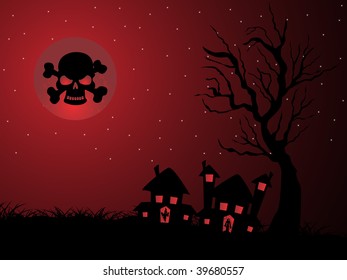 maroon background with spooky house, retro tree and skull
