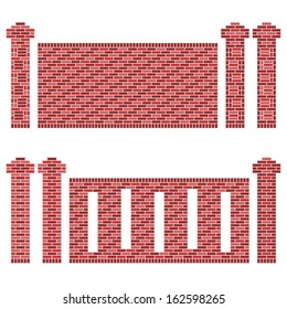Maroon Brick Wall Patterns - Illustration of a few patterns of brick walls and its columns/pillars. The bricks are shades of maroon, red and brown. The image is isolated on white.