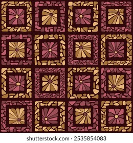 flores maroon e marrom em quadros de pedra. fundo repetitivo. padrão floral sem costura. ilustração vetorial. margaridas quadradas. amostra de tecido. papel de embrulho. modelo de design para têxtil, decoração doméstica