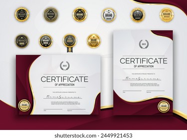 Maroon Zertifikat Diploma Award Vektorgrafik Vorlage mit goldenen Siegeln und Linien Ränder. Zertifikat, Ehrengeschenk und Auszeichnung. Vertikales und Horizontales Diplom, goldene Abzeichen und Lorbeerkränze