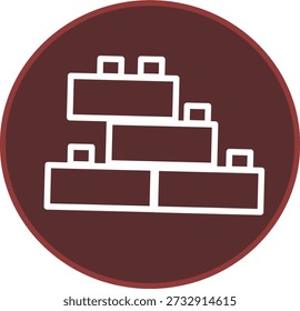 Icono circular granate con contorno de ladrillo blanco apilado, que simboliza la construcción, la mampostería, los materiales de construcción, la arquitectura, la fuerza y la estabilidad.