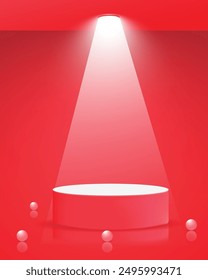 Maroon color 3D realstics product podium design with light glow effect leaf shadow Pearl vector and wall scene. Red gradient color product showcase vector illustration design. Studio background