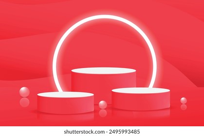 Maroon color 3D realstics product podium design with light glow effect leaf shadow Pearl vector and wall scene. Red gradient color product showcase vector illustration design. Studio background