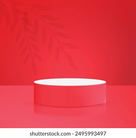 Maroon color 3D realstics product podium design with light glow effect leaf shadow Pearl vector and wall scene. Red gradient color product showcase vector illustration design. Studio background