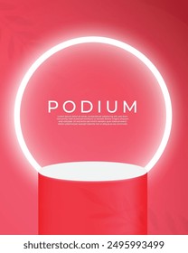 Maroon color 3D realstics product podium design with light glow effect leaf shadow Pearl vector and wall scene. Red gradient color product showcase vector illustration design. Studio background