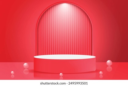 Maroon color 3D realstics product podium design with light glow effect leaf shadow Pearl vector and wall scene. Red gradient color product showcase vector illustration design. Studio background