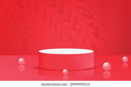 Maroon color 3D realstics product podium design with light glow effect leaf shadow Pearl vector and wall scene. Red gradient color product showcase vector illustration design. Studio background