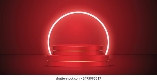 Maroon color 3D realstics product podium design with light glow effect leaf shadow Pearl vector and wall scene. Red gradient color product showcase vector illustration design. Studio background