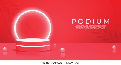 Maroon color 3D realstics product podium design with light glow effect leaf shadow Pearl vector and wall scene. Red gradient color product showcase vector illustration design. Studio background