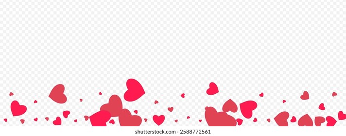 Maroon Color Confetti Vector Panoramic Transparent Backgound. Birthday Heart Border. Pink Decoration Hearts Pattern.