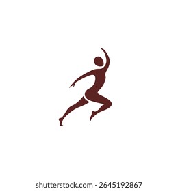 Uma silhueta feminina cor maroon figura salta dinamicamente contra um fundo branco O estilo é minimalista e baseado em vetor
