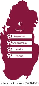 Maroon colored map of Qatar with the group C list of the 2022 International Soccer Event