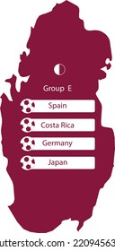 Maroon colored map of Qatar with the group E list of the 2022 International Soccer Event