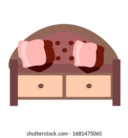 Maroon couch with two drawers on a white background. Isolated vector illustration in a flat style. Retro-style. Furniture for apartments and offices. For interior design.