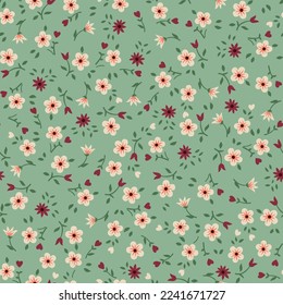 maroon and cream seamless floral vector small flowers with leaves pattern on green background