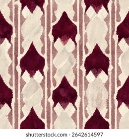 Maroon and cream watercolor pattern with diamond shapes, grunge lines ikat pattern, ikat seamless pattern, Vector illustration background for print the paper.