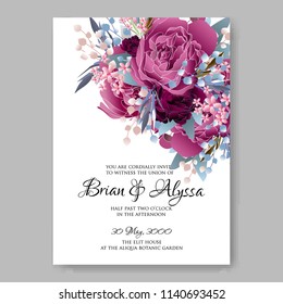 Maroon dark red Peony wedding invitation vector printable template autumn background