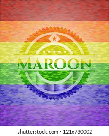 Maroon emblem on mosaic background with the colors of the LGBT flag