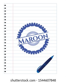 Maroon emblem with pen effect. Blue ink. Vector Illustration. Detailed.