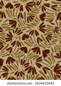 Flores maroon e folhas padrões em fundo verde para banner web, pacote de marca, impressão de tecido, papel de parede, post de mídia social, rabiscar, notas, capas de livros, decoração de parede.