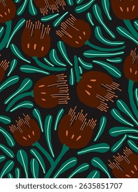 Maroon flowers with leaves patterns on black background for branding, fabric print, wallpaper, social media post, doodle, notes, book covers, wall decor.