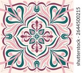 maroon, green and pink geometrical floral design for tile, fabric and pattern surface