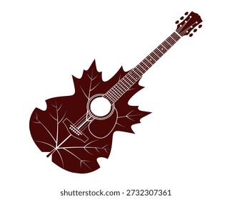 A maroon guitar silhouette with white strings and frets, merged with a leaf shape, on a white background.
