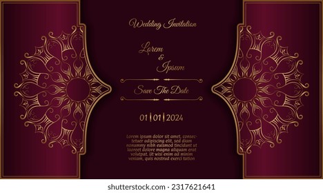 maroon invitation card, with gold ornaments and mandalas