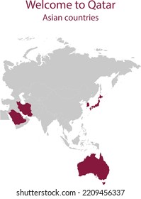 Maroon map of Asian countries participating in International Soccer Event in Qatar inside gray map of Asian continent