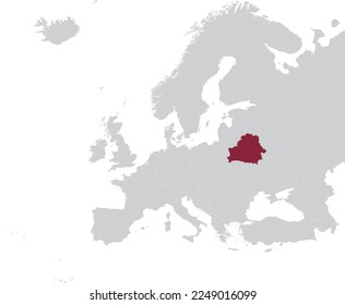 Maroon Map of Belarus within gray map of European continent