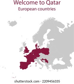 Maroon map of European countries participating in International Soccer Event in Qatar inside gray map of European continent