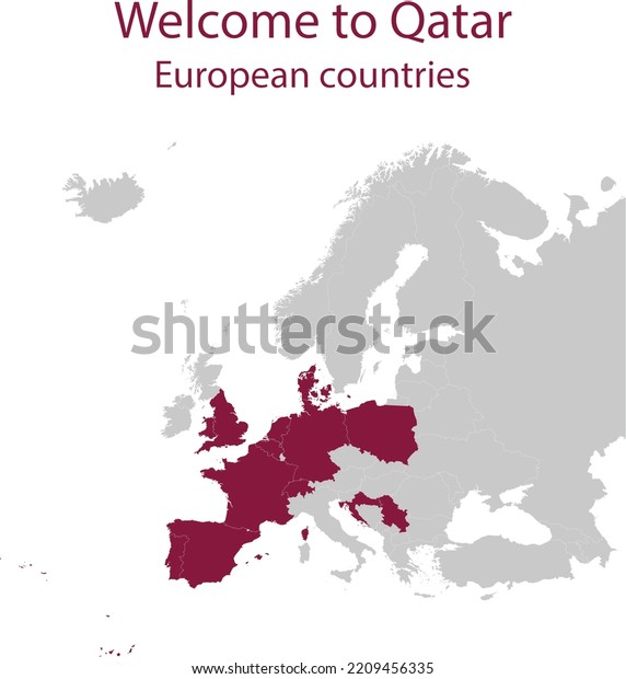 Maroon map of European countries participating\
in International Soccer Event in Qatar inside gray map of European\
continent