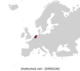Maroon Map of Netherlands within gray map of European continent