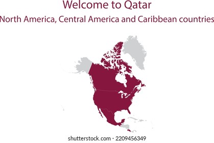 Maroon map of North America, Central America and Caribbean countries participating in International Soccer Event in Qatar inside gray map of Asian continent