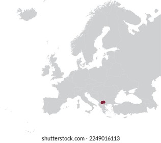 Maroon Map of North Macedonia within gray map of European continent